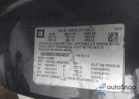 2010 GMC Yukon Xl 1500 Slt из США, поврежденный, VIN 1GKUKKE37AR242537